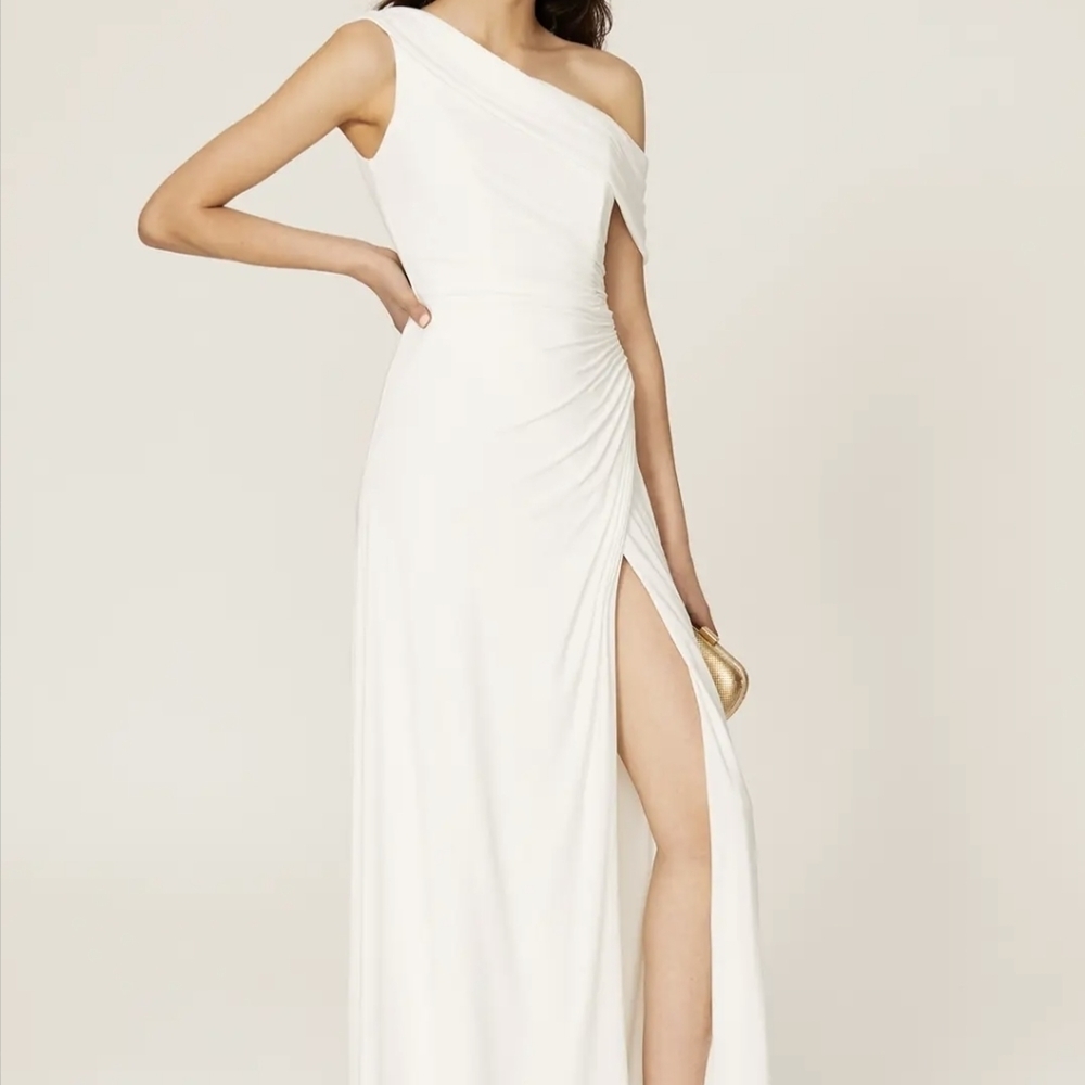 Ieena for Mac Duggal White Off the Shoulder Gown